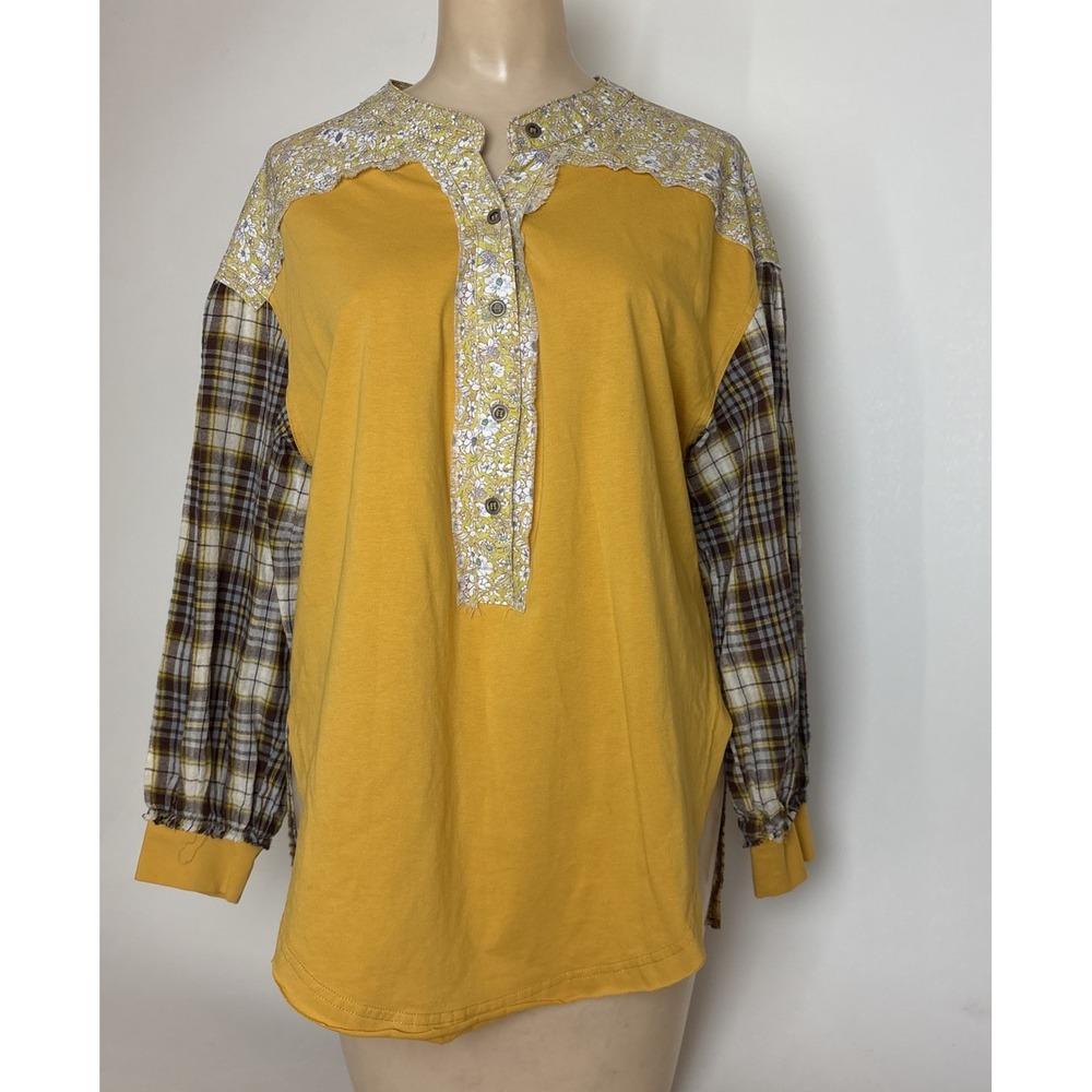 Womens S Popover Henley Top Mixed Media plaid floral yellow gold fun fall shirt